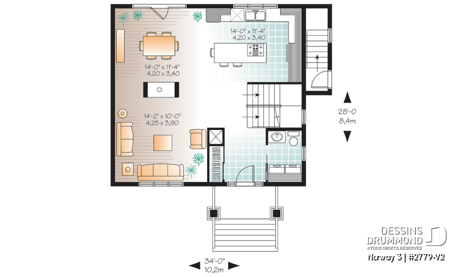 Rez-de-chaussée - Plan de maison 3 chambres avec appartement au sous-sol, buanderie au rez-de-chaussée, foyer - Norway 3