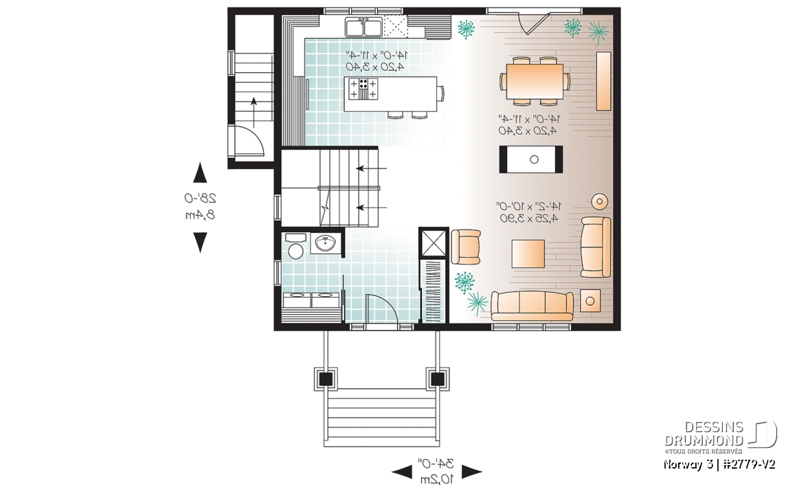 Rez-de-chaussée - Plan de maison 3 chambres avec appartement au sous-sol, buanderie au rez-de-chaussée, foyer - Norway 3