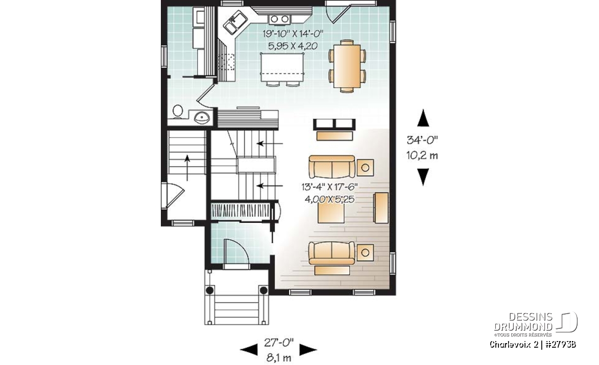Rez-de-chaussée - Plan de maison à étage, 3 chambres, appartement au sous-sol, buanderie au rez-de-chaussée, vestibule - Charlevoix 2