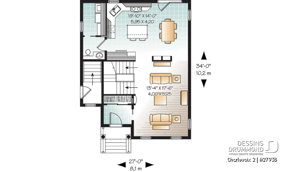 Rez-de-chaussée - Plan de maison à étage, 3 chambres, appartement au sous-sol, buanderie au rez-de-chaussée, vestibule - Charlevoix 2