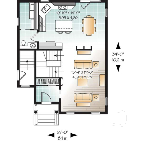 Rez-de-chaussée - Plan de maison à étage, 3 chambres, appartement au sous-sol, buanderie au rez-de-chaussée, vestibule - Charlevoix 2