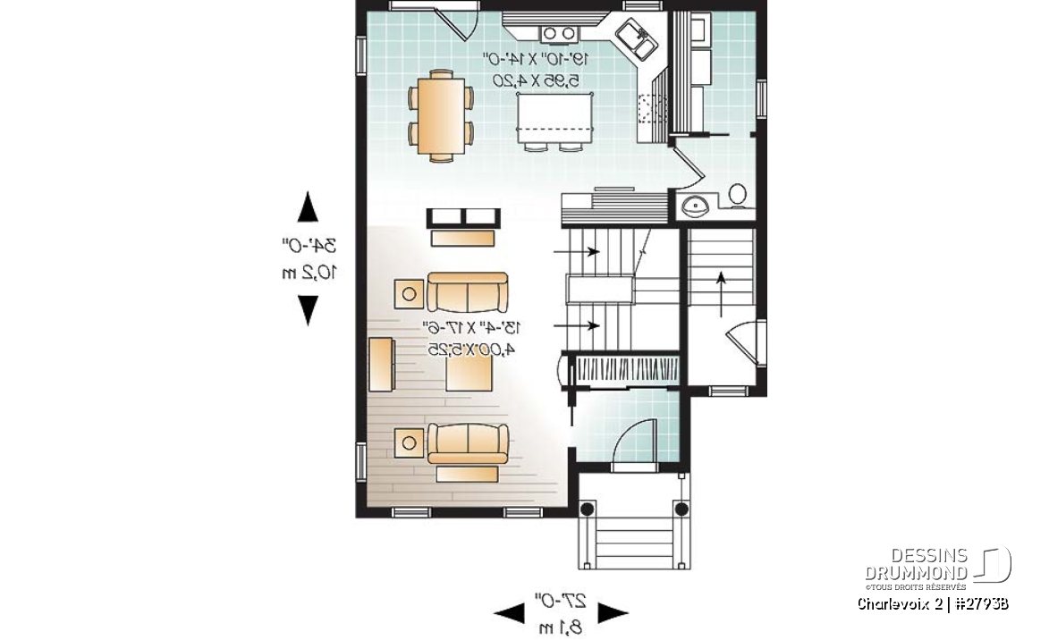 Rez-de-chaussée - Plan de maison à étage, 3 chambres, appartement au sous-sol, buanderie au rez-de-chaussée, vestibule - Charlevoix 2