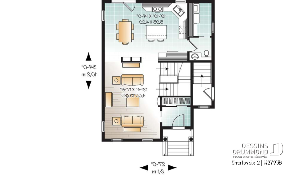 Rez-de-chaussée - Plan de maison à étage, 3 chambres, appartement au sous-sol, buanderie au rez-de-chaussée, vestibule - Charlevoix 2