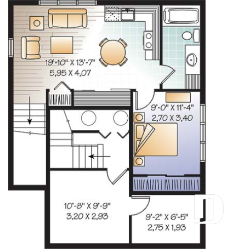 Sous-sol - Plan de maison à étage, 3 chambres, appartement au sous-sol, buanderie au rez-de-chaussée, vestibule - Charlevoix 2