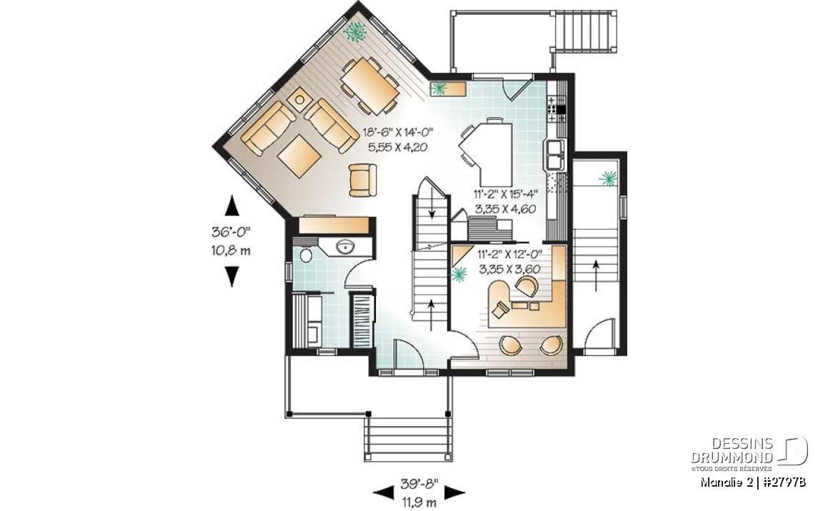 Rez-de-chaussée - Plan de maison 3 chambres + appartement 1 chambre au sous-sol, bureau à domicile, grande chambre parents - Manalie 2