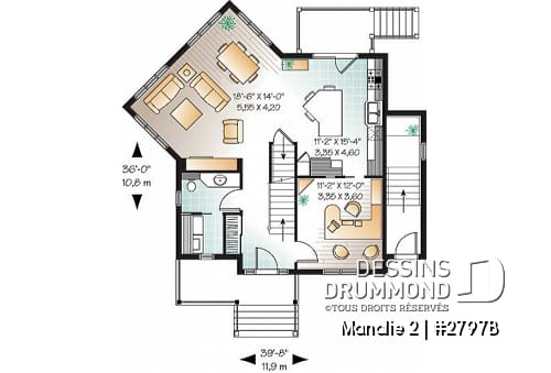 Rez-de-chaussée - Plan de maison 3 chambres + appartement 1 chambre au sous-sol, bureau à domicile, grande chambre parents - Manalie 2
