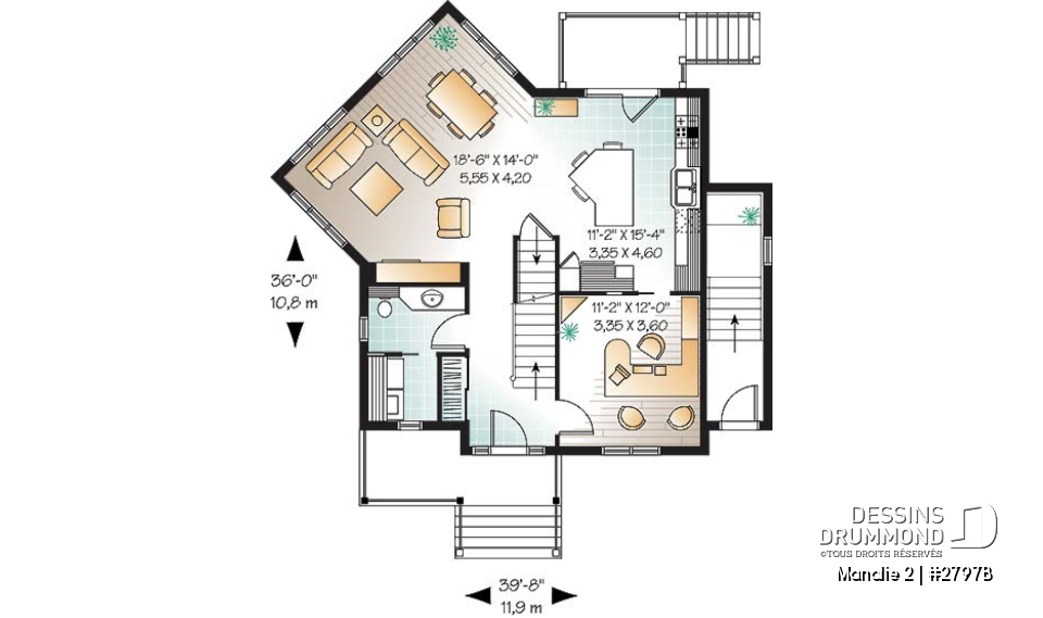 Rez-de-chaussée - Plan de maison 3 chambres + appartement 1 chambre au sous-sol, bureau à domicile, grande chambre parents - Manalie 2