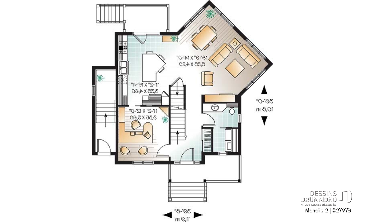 Rez-de-chaussée - Plan de maison 3 chambres + appartement 1 chambre au sous-sol, bureau à domicile, grande chambre parents - Manalie 2