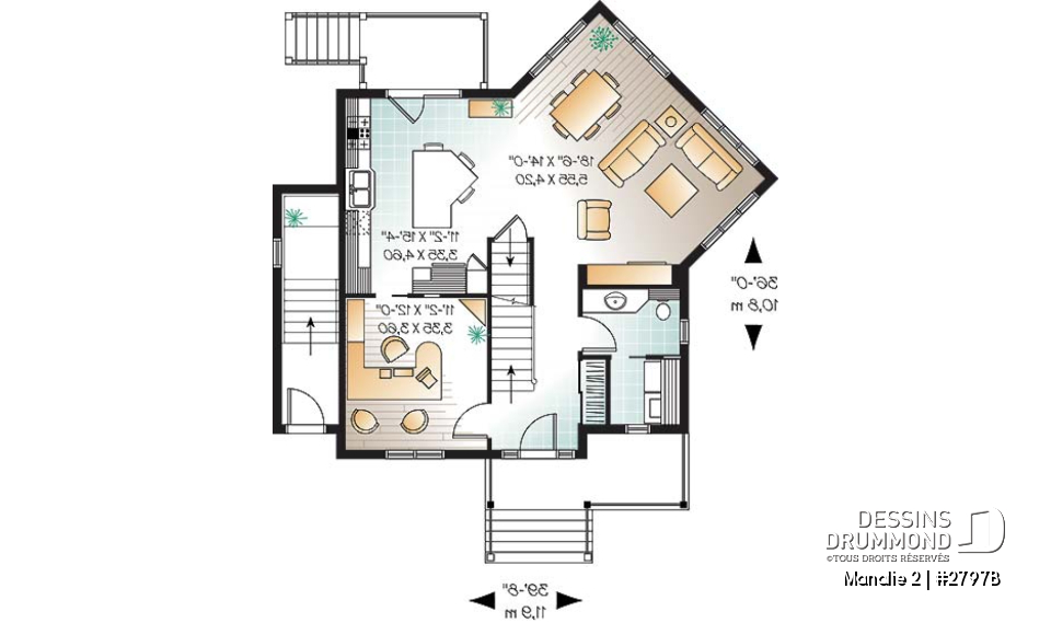 Rez-de-chaussée - Plan de maison 3 chambres + appartement 1 chambre au sous-sol, bureau à domicile, grande chambre parents - Manalie 2