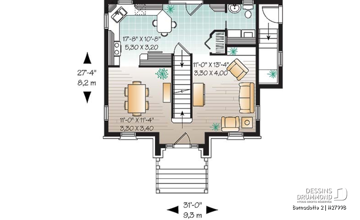 Rez-de-chaussée - Plan de maison avec appartement au sous-sol, 3 chambres à l'unité principale, belle grande cuisine - Bernadotte 2