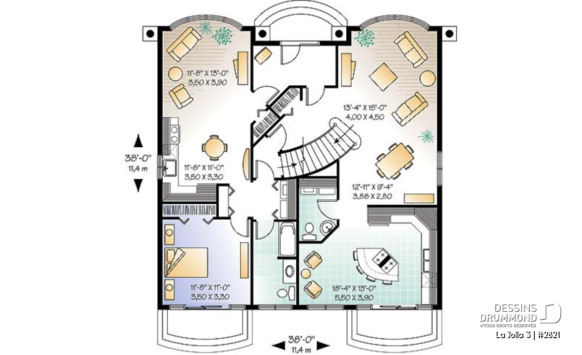 Rez-de-chaussée - Plan de maison bi-génération, logement 1 chambre pour les grand-parents, logement 3 chambres pour la famille - La Jolla 3
