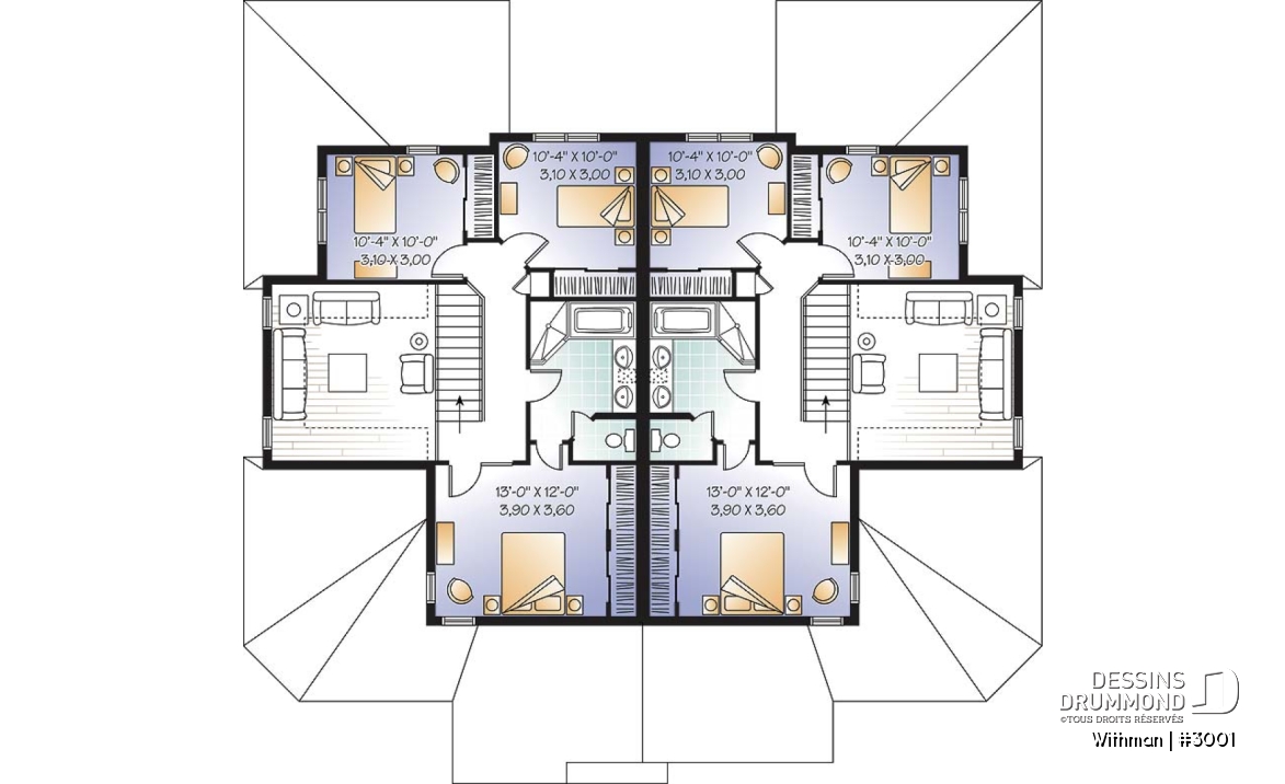 Étage - Plan de duplex avec 2 garages, 3 chambres et 2 salles de bain par logement, belle cuisine avec garde-manger - Withman