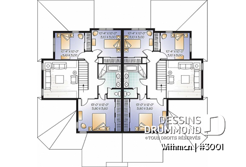 Étage - Plan de duplex avec 2 garages, 3 chambres et 2 salles de bain par logement, belle cuisine avec garde-manger - Withman