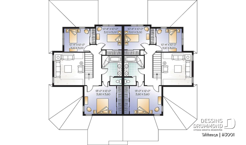 Étage - Plan de duplex avec 2 garages, 3 chambres et 2 salles de bain par logement, belle cuisine avec garde-manger - Withman
