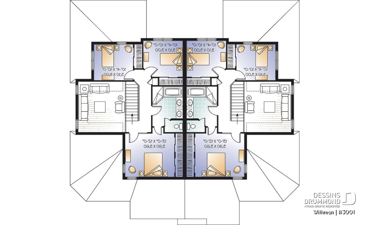 Étage - Plan de duplex avec 2 garages, 3 chambres et 2 salles de bain par logement, belle cuisine avec garde-manger - Withman