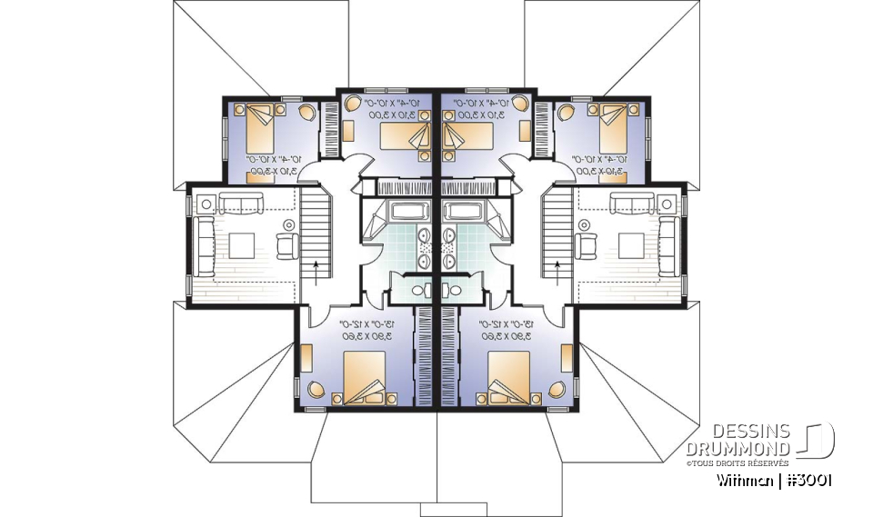 Étage - Plan de duplex avec 2 garages, 3 chambres et 2 salles de bain par logement, belle cuisine avec garde-manger - Withman
