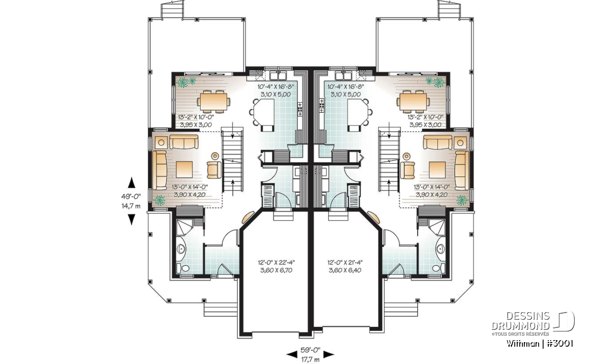 Rez-de-chaussée - Plan de duplex avec 2 garages, 3 chambres et 2 salles de bain par logement, belle cuisine avec garde-manger - Withman