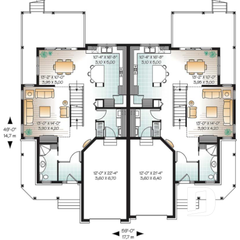 Rez-de-chaussée - Plan de duplex avec 2 garages, 3 chambres et 2 salles de bain par logement, belle cuisine avec garde-manger - Withman