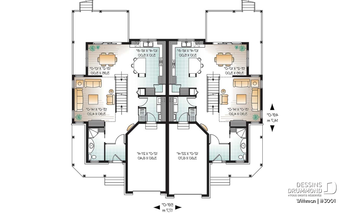 Rez-de-chaussée - Plan de duplex avec 2 garages, 3 chambres et 2 salles de bain par logement, belle cuisine avec garde-manger - Withman