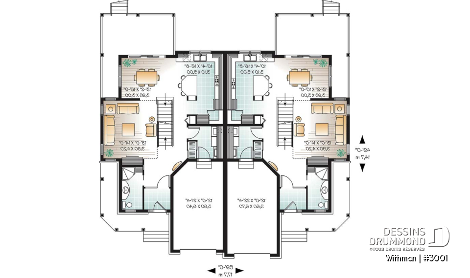 Rez-de-chaussée - Plan de duplex avec 2 garages, 3 chambres et 2 salles de bain par logement, belle cuisine avec garde-manger - Withman