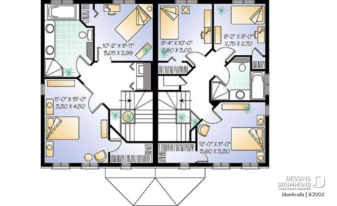 Étage - Plan de maison jumelé à étage, 2 à 3 chambres, 2 salles de bain par unité, aire ouverte, îlot à la cuisine - Monticello