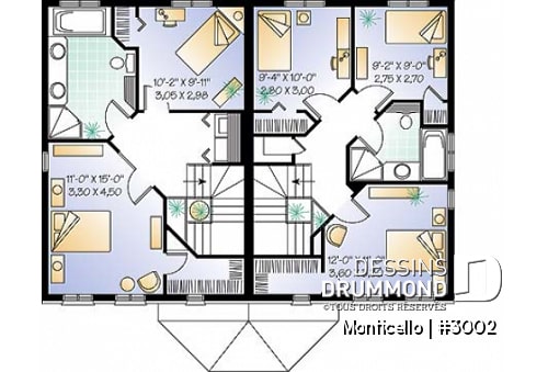 Étage - Plan de maison jumelé à étage, 2 à 3 chambres, 2 salles de bain par unité, aire ouverte, îlot à la cuisine - Monticello