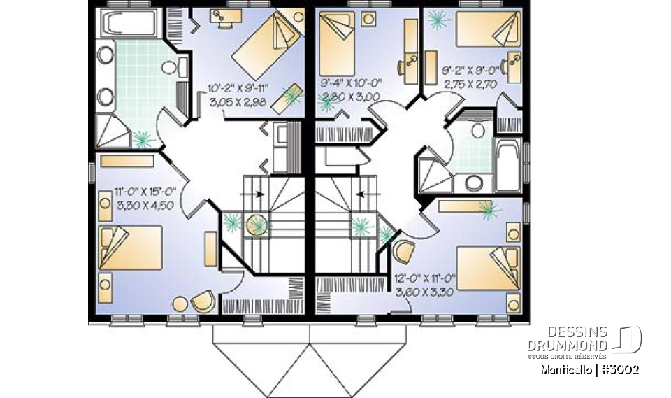 Étage - Plan de maison jumelé à étage, 2 à 3 chambres, 2 salles de bain par unité, aire ouverte, îlot à la cuisine - Monticello