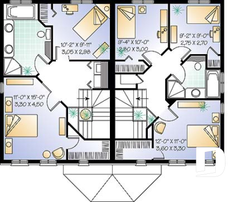 Étage - Plan de maison jumelé à étage, 2 à 3 chambres, 2 salles de bain par unité, aire ouverte, îlot à la cuisine - Monticello