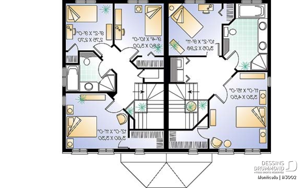 Étage - Plan de maison jumelé à étage, 2 à 3 chambres, 2 salles de bain par unité, aire ouverte, îlot à la cuisine - Monticello