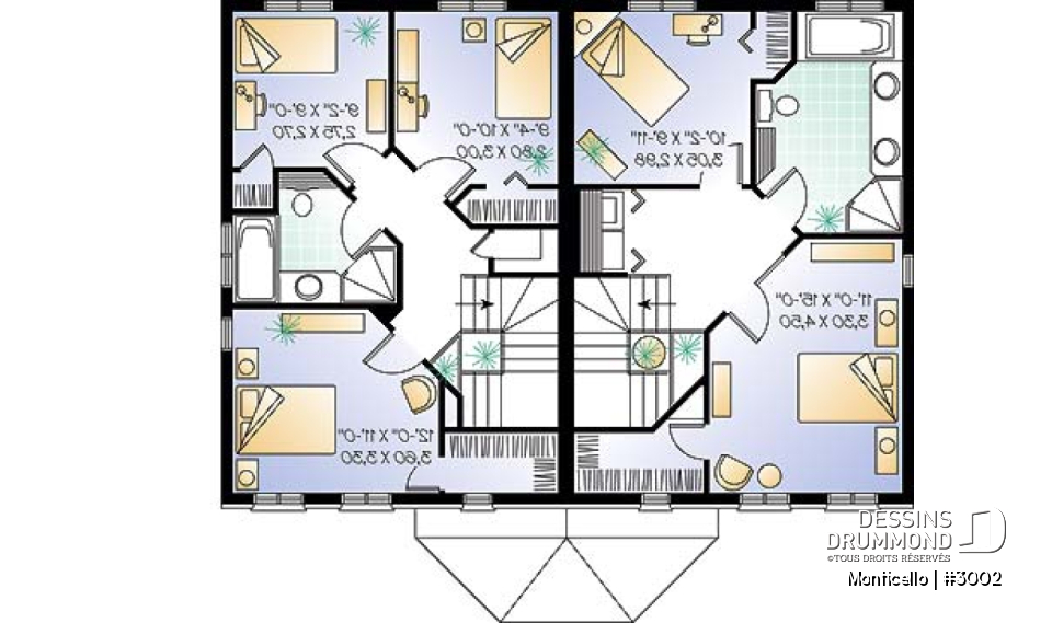 Étage - Plan de maison jumelé à étage, 2 à 3 chambres, 2 salles de bain par unité, aire ouverte, îlot à la cuisine - Monticello