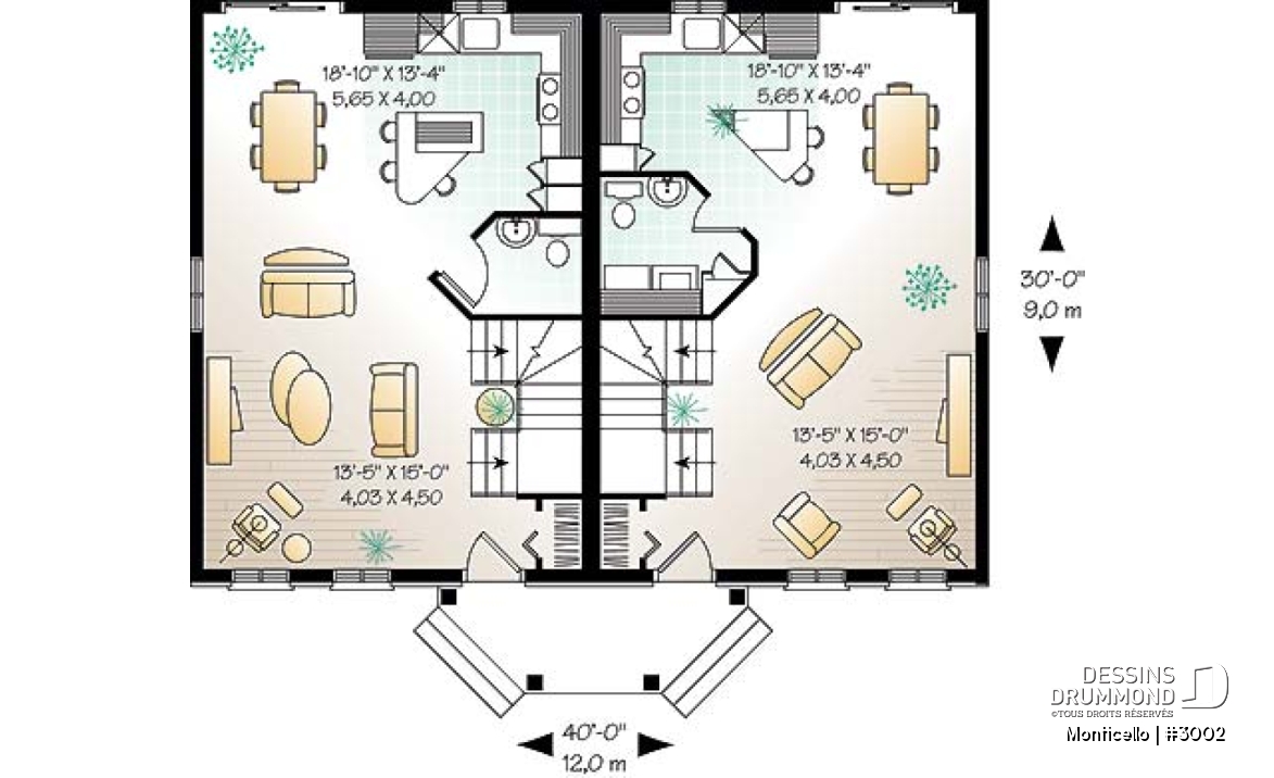 Rez-de-chaussée - Plan de maison jumelé à étage, 2 à 3 chambres, 2 salles de bain par unité, aire ouverte, îlot à la cuisine - Monticello