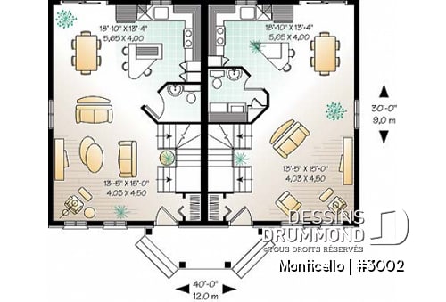 Rez-de-chaussée - Plan de maison jumelé à étage, 2 à 3 chambres, 2 salles de bain par unité, aire ouverte, îlot à la cuisine - Monticello