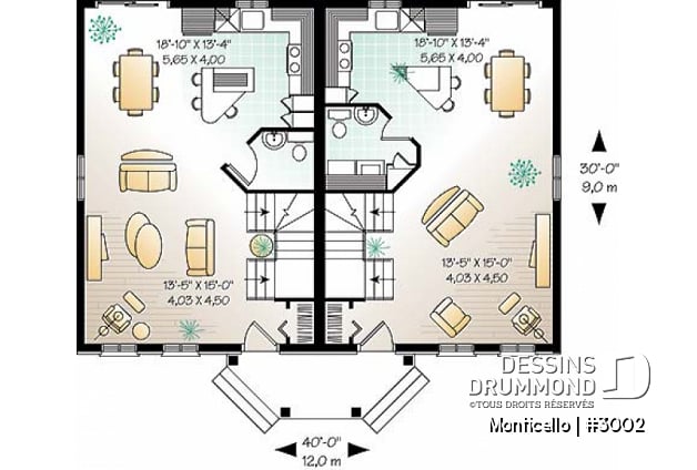 Rez-de-chaussée - Plan de maison jumelé à étage, 2 à 3 chambres, 2 salles de bain par unité, aire ouverte, îlot à la cuisine - Monticello