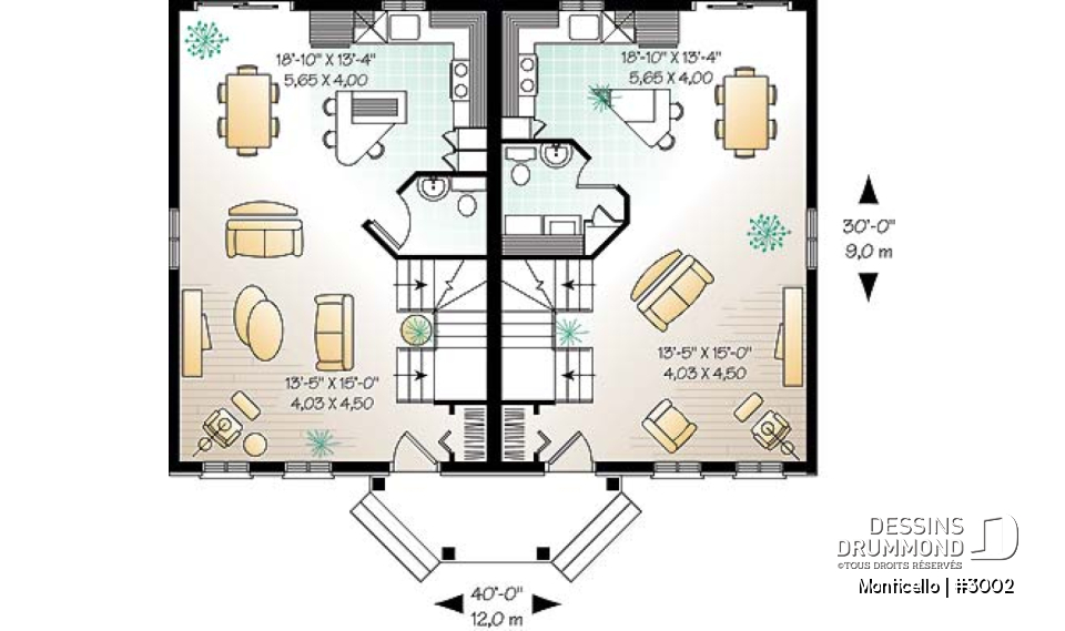 Rez-de-chaussée - Plan de maison jumelé à étage, 2 à 3 chambres, 2 salles de bain par unité, aire ouverte, îlot à la cuisine - Monticello