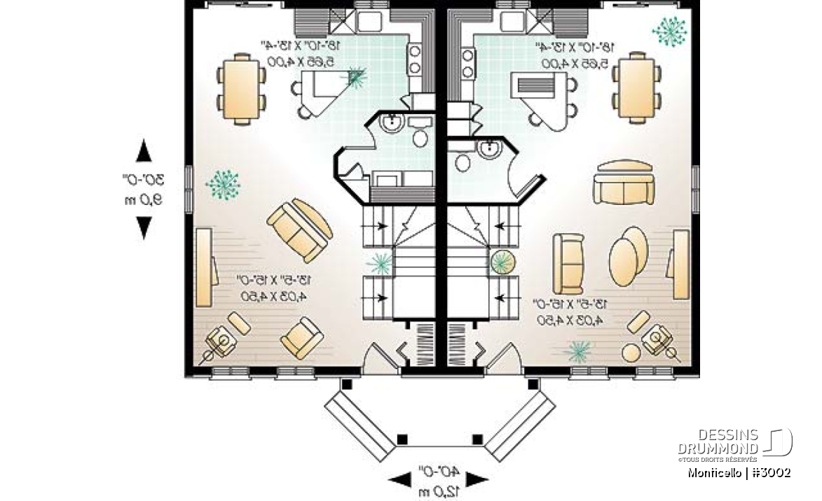 Rez-de-chaussée - Plan de maison jumelé à étage, 2 à 3 chambres, 2 salles de bain par unité, aire ouverte, îlot à la cuisine - Monticello
