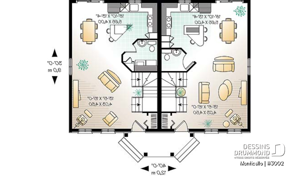 Rez-de-chaussée - Plan de maison jumelé à étage, 2 à 3 chambres, 2 salles de bain par unité, aire ouverte, îlot à la cuisine - Monticello