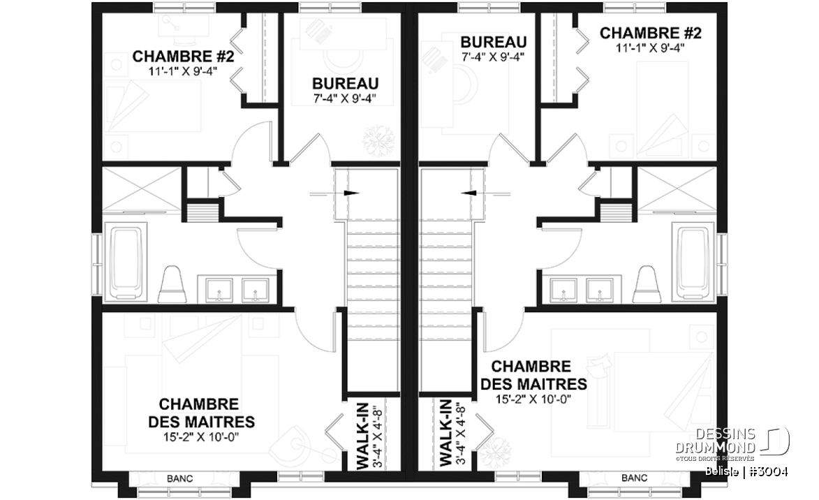 Étage - Plan de maison jumelé, aménagé sur 3 étages, 3 chambres, 2.5 sdb par unité - Belisle