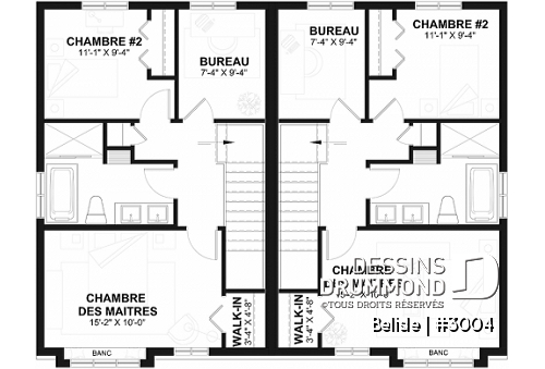 Étage - Plan de maison jumelé, aménagé sur 3 étages, 3 chambres, 2.5 sdb par unité - Belisle