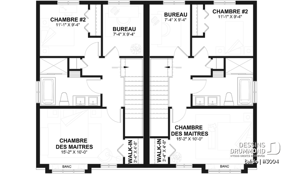 Étage - Plan de maison jumelé, aménagé sur 3 étages, 3 chambres, 2.5 sdb par unité - Belisle