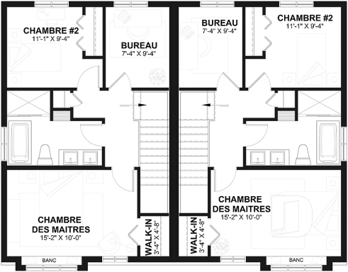 Étage - Plan de maison jumelé, aménagé sur 3 étages, 3 chambres, 2.5 sdb par unité - Belisle
