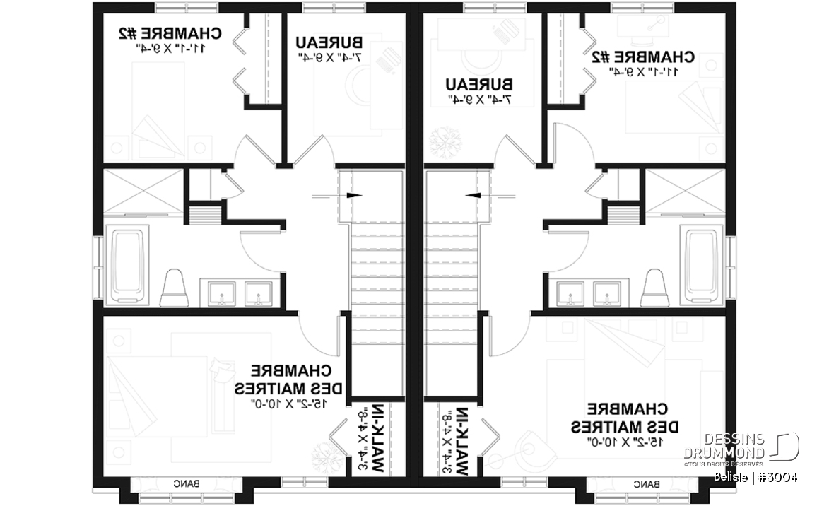 Étage - Plan de maison jumelé, aménagé sur 3 étages, 3 chambres, 2.5 sdb par unité - Belisle
