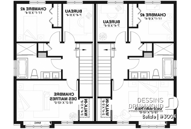 Étage - Plan de maison jumelée à étage, 3 chambres et 1.5 salle de bain par unité, buanderie au r-d-c - Belisle