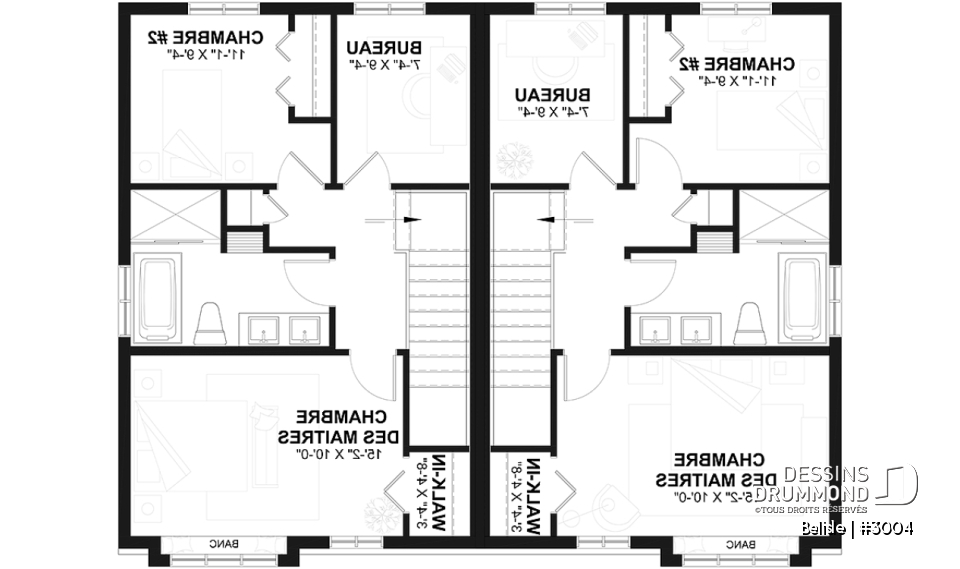 Étage - Plan de maison jumelé, aménagé sur 3 étages, 3 chambres, 2.5 sdb par unité - Belisle