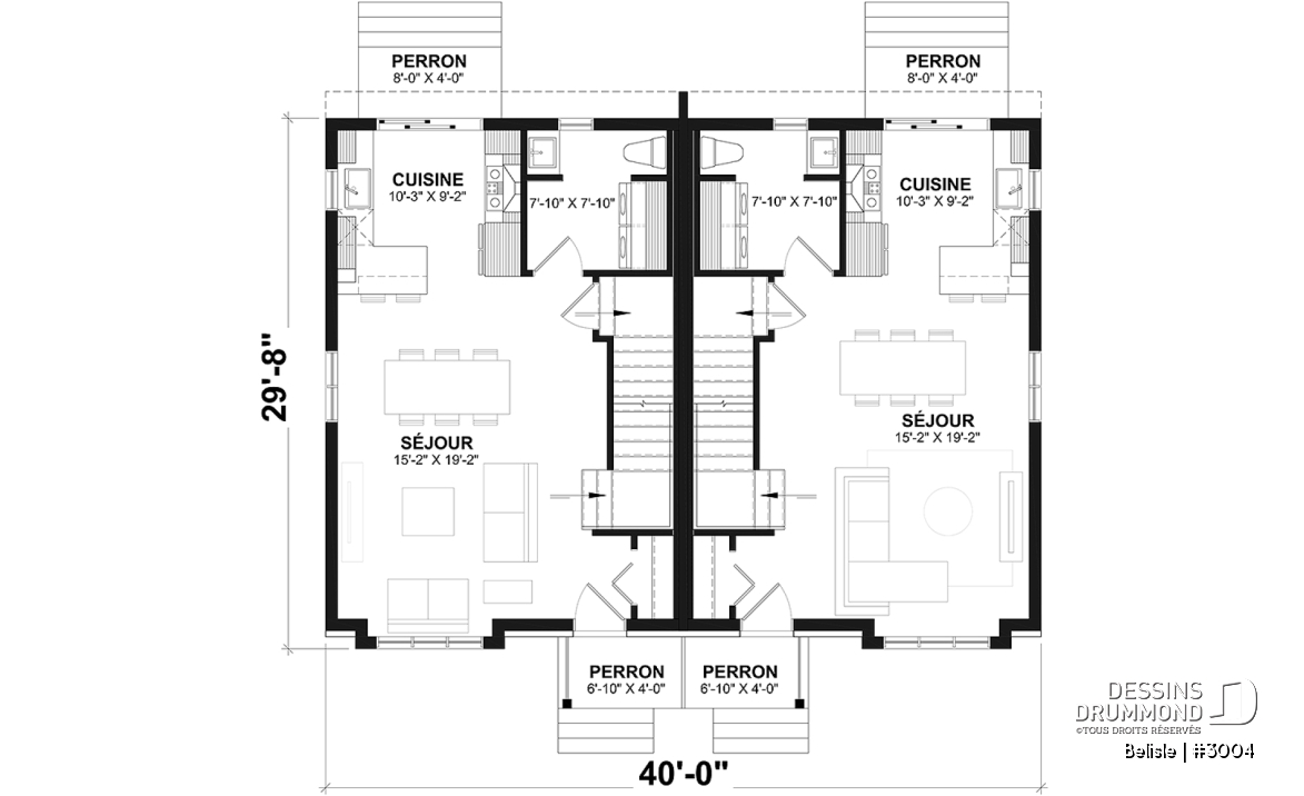 Rez-de-chaussée - Plan de maison jumelé, aménagé sur 3 étages, 3 chambres, 2.5 sdb par unité - Belisle