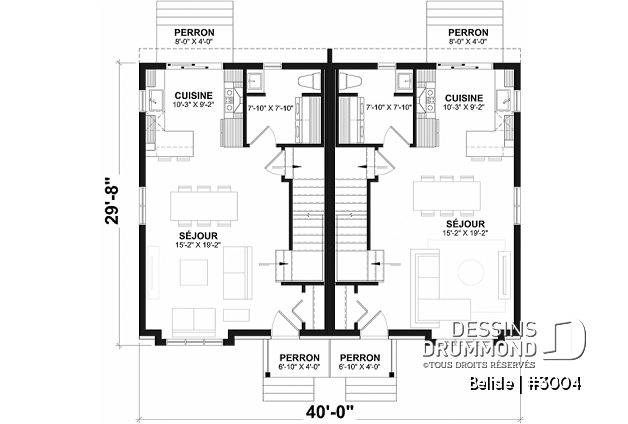Rez-de-chaussée - Plan de maison jumelée à étage, 3 chambres et 1.5 salle de bain par unité, buanderie au r-d-c - Belisle
