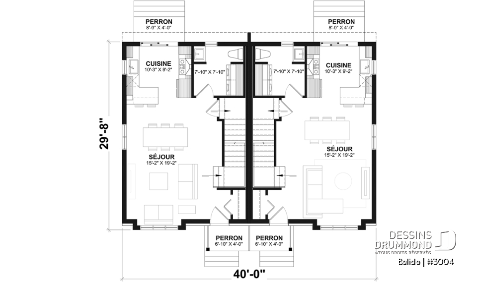 Rez-de-chaussée - Plan de maison jumelé, aménagé sur 3 étages, 3 chambres, 2.5 sdb par unité - Belisle