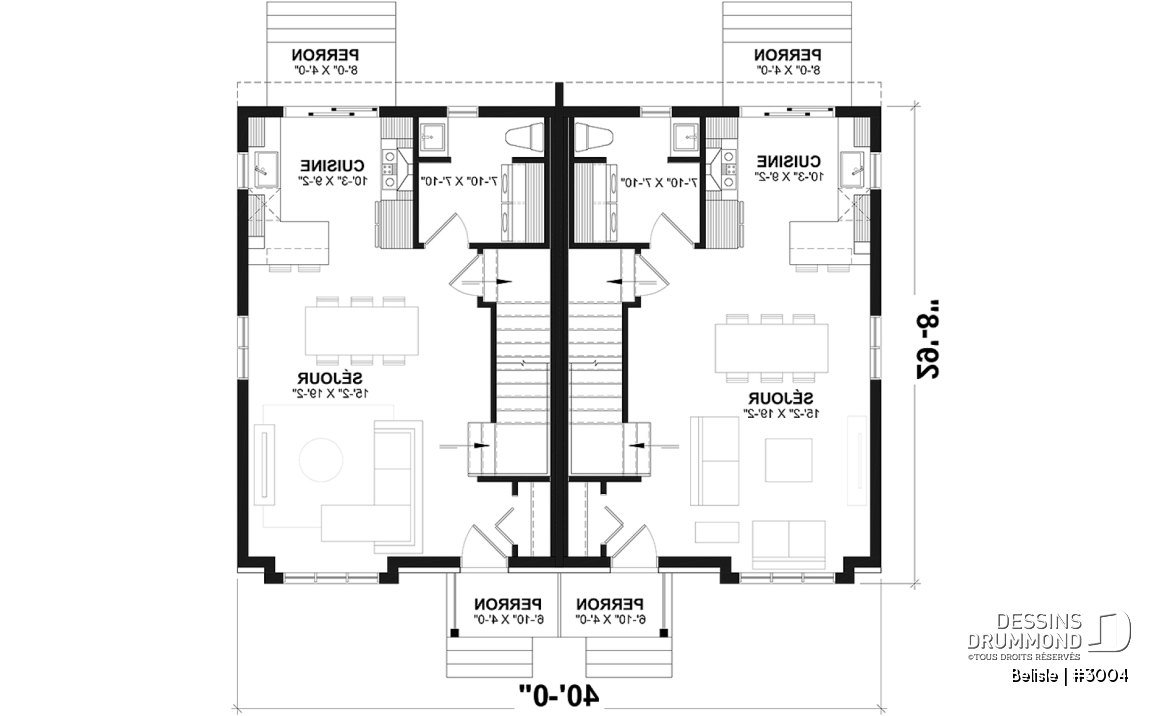 Rez-de-chaussée - Plan de maison jumelé, aménagé sur 3 étages, 3 chambres, 2.5 sdb par unité - Belisle