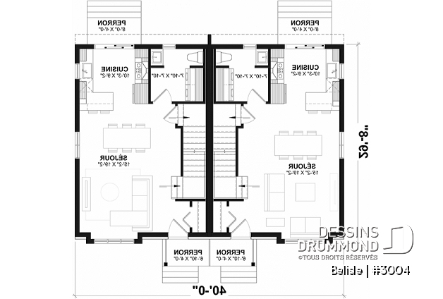 Rez-de-chaussée - Plan de maison jumelé, aménagé sur 3 étages, 3 chambres, 2.5 sdb par unité - Belisle