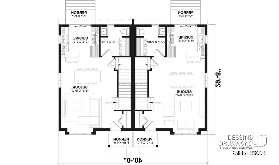 Rez-de-chaussée - Plan de maison jumelé, aménagé sur 3 étages, 3 chambres, 2.5 sdb par unité - Belisle