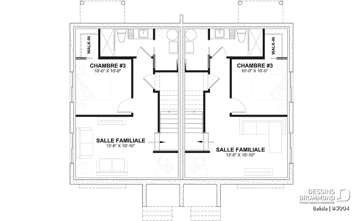 Sous-sol - Plan de maison jumelé, aménagé sur 3 étages, 3 chambres, 2.5 sdb par unité - Belisle